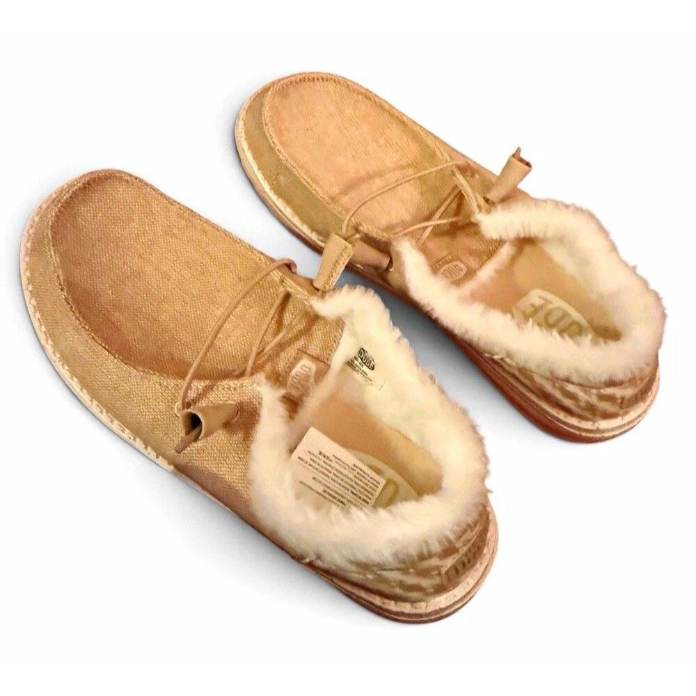 HEYDUDE Wendy Brushed Cozy Loafer Flats Slip on Faux Fur Lined Beige/White 7